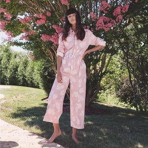 cinq a sept Pink Palm-Print Cropped Jumpsuit